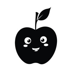 Obraz premium Cartoon Apple Black Silhouette Vector with Big Eyes, Leaf on Stem and Cute Smile on White Background