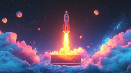 Rocket launching from laptop in dreamlike space