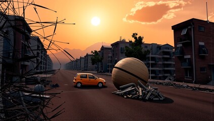 Giant Sphere in Urban Sunset.