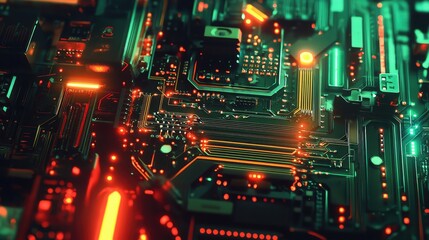 Fototapeta premium Close-up view of a complex circuit board with glowing components.