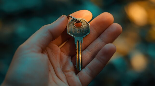Closeup of hand holding a metal key with bbl engraving