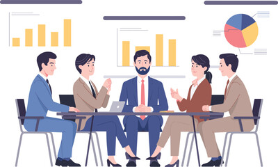 Corporate team meeting in office, professionals discussing business data, growth charts, teamwork collaboration, company strategy, business planning session