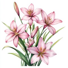 Fototapeta premium Watercolor Painting of Delicate Pink Lilies on White Background