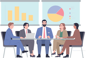 Business meeting in office, team discussing data charts, corporate presentation, professional teamwork collaboration, strategy planning, company growth analysis