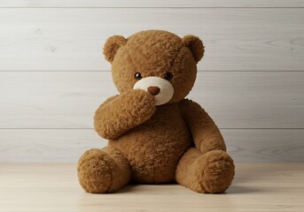 Obraz premium Adorable Teddy Bear Sitting on Light Wood Floor. Generative Ai