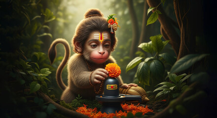 Hanuman worshiping shiva lingam in forest hindu god bhakti devotion prayer