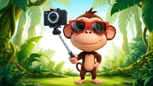 Cartoon monkey taking a selfie with a camera on a stick in a jungle with red sunglasses on face