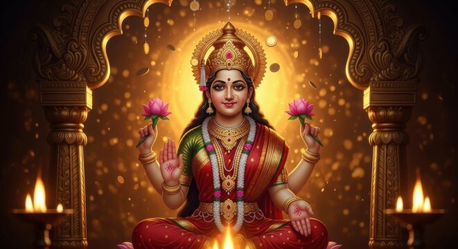 Goddess lakshmi hinduism diwali lotus wealth prosperity spiritual tradition art