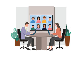 Illustration of online and offline work meetings. Two people sitting using laptops, facing each other, with a video conference on the screen. Flat design, suitable for modern business themes.