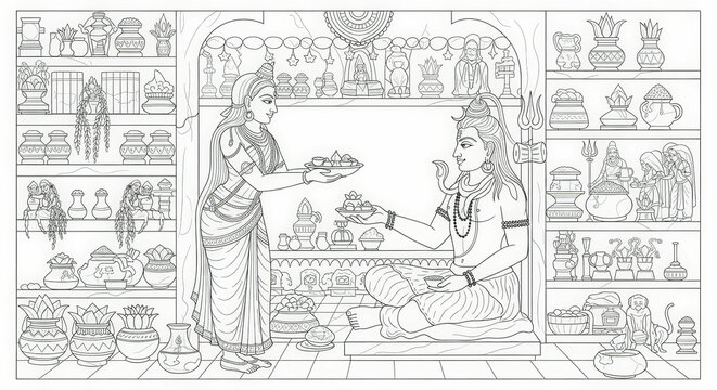 Shiva parvati hinduism gods goddess indian culture traditional coloring page