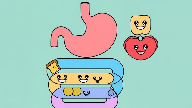 Animated human digestive system explaining digestion and nutrient absorption with smiling organs and food characters