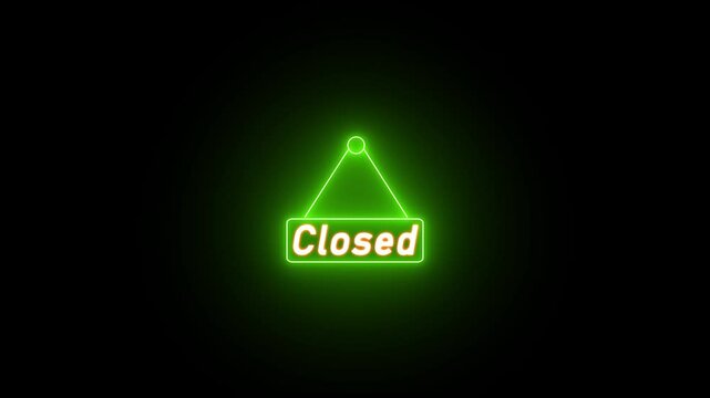Neon Glowing Shop Closed Nameplate Sign Animation. 4K Neon Light Closed Sign Animation on Black Background.