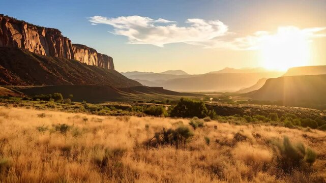 Harmonica player wearing hat stands in golden grassland overlooking distant mountains during a vibrant desert sunrise in a rural landscape