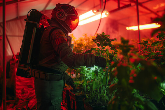 Astronauts tend glowing plants in a Mars biodome beneath a red sky&mdash;sci-fi garden paradise thrives.