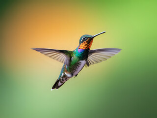 Fototapeta premium Vibrant Rufous Crowned Hummingbird in Flight Against a Gradient Background