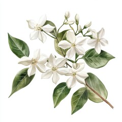 Obraz premium Watercolor Painting of Delicate White Jasmine Flowers and Green Leaves