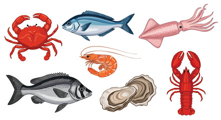 Naklejka premium A collection of various seafood including fish, shellfish, and crustaceans