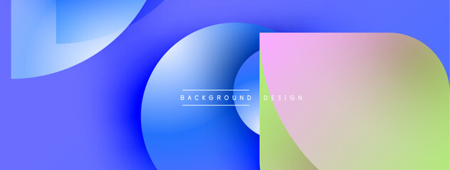 Abstract shapes overlap, creating vibrant blue, pink, green gradients. Modern design elements suggest digital art, background texture.