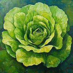 Fototapeta premium Vibrant green head of lettuce, detailed painting