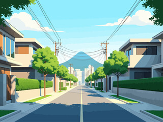  a modern residential street in South Korea during summer, 2-point perspective, lined with clean low-rise contemporary houses with flat roofs and large windows 