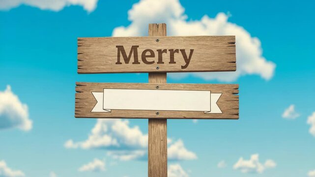 Against a sky, an old wooden sign declares "Merry" above blank banner, awaiting personalized holiday wishes.