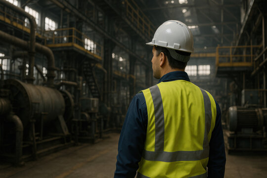 Safety officer in industrial factory setting, wearing hard hat and reflective vest, observes machinery and environment, ensuring safety protocols are followed