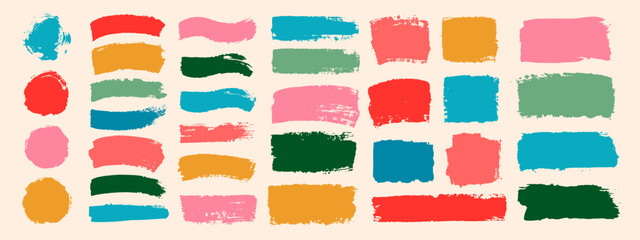 Set of colorful brush strokes, lines, hand painted design elements. Boxes, textures, backgrounds for text. Rough grunge edges. Artistic brushes.