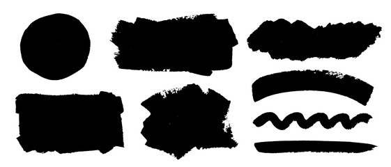 Vector paint bold brush strokes. Ink black hand drawn thick grunge lines abstract shapes, smears. Overlay, textures, brushes design.
