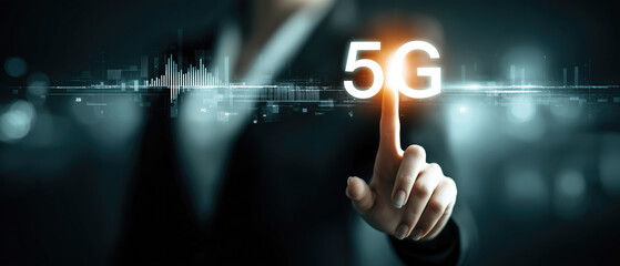 person interacting with glowing 5G digital interface