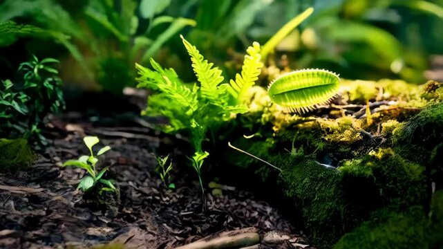 Close-up on forest floor featuring a Venus flytrap leaf, ferns, and moss bathed in bright sunlight with a blurred green background.
