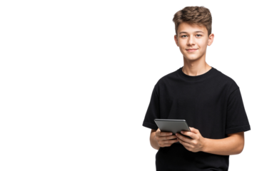 Smiling young boy in black t-shirt holding a digital tablet, isolated on transparent background, representing youth, technology, learning, and modern lifestyle