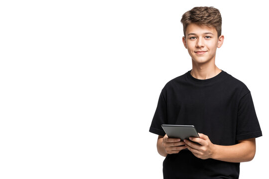 Smiling young boy in black t-shirt holding a digital tablet, isolated on transparent background, representing youth, technology, learning, and modern lifestyle