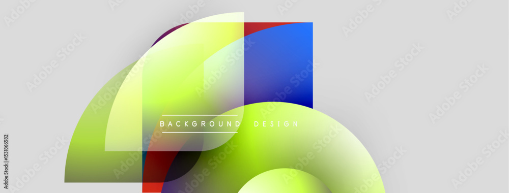 Poster Abstract shapes overlap, creating vibrant color gradients. Minimalist design with text background design centered. Light gray backdrop.