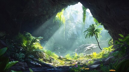 Obraz premium Lush cave interior, illuminated by sunlight filtering through a natural opening.
