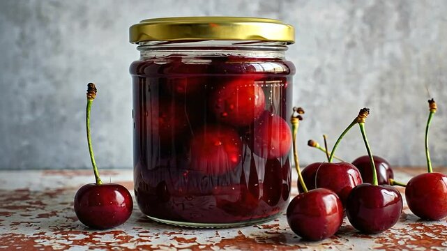 A jar of cherry jam with fresh cherries on a rustic surface, highlighting vibrant colors and textures
