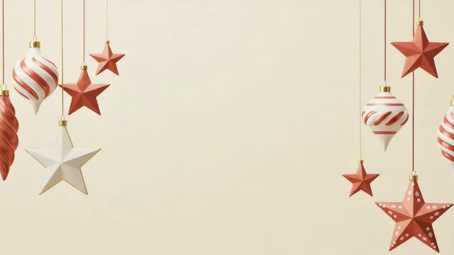 Shiny stars and red-striped ornaments are suspended from gold string, creating a festive decorative arrangement against cream backdrop.copy space