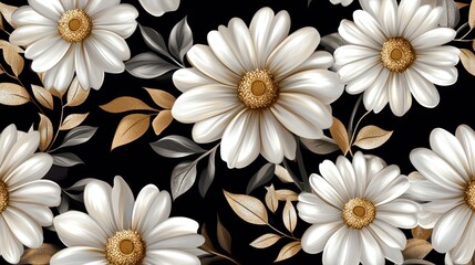 Floral pattern with white daisies and gold accents