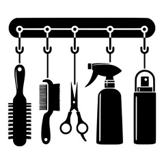 Fototapeta premium Hair salon tools hanging on rack icon
