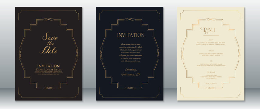 Elegant wedding invitation and menu card set featuring geometric gold frame elements on black, navy, and cream backgrounds. Ideal for modern, formal, and luxury celebrations.
