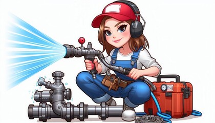 Plumbing repair action urban environment digital illustration bright colors professional tools skillful technique
