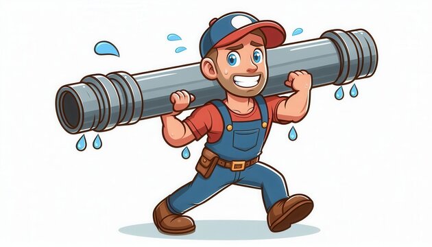 Plumber carrying pipe workshop cartoon illustration indoor creative viewpoint plumbing concept