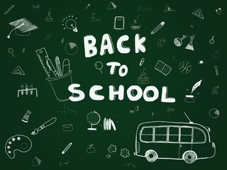 Wallpaper background art for kid school. Chalk board with text Back to School