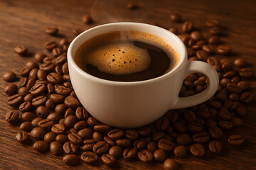 Fototapeta premium Rich Brew: A captivating close-up of a freshly brewed cup of coffee, nestled amidst a cascade of aromatic coffee beans on a textured wood surface. This image exudes warmth.