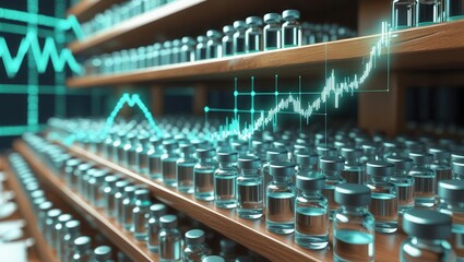 Fototapeta premium Vaccine production growth analysis pharmaceutical lab digital visualization scientific environment close-up view data trends