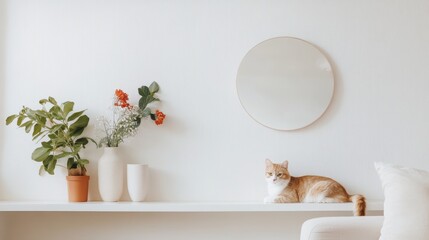66.A cozy white living room with a minimalist touch, featuring a floating shelf adorned with a round mirror, a simple flower vase, and a few small plants. A cat lounges in the corner of the room,