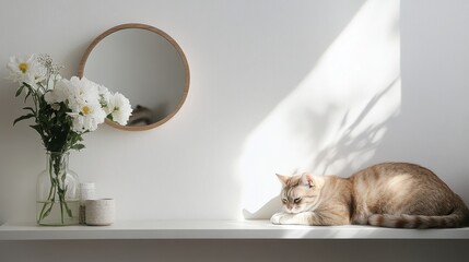 68.A bright, minimalist living room with a white wall featuring a simple floating shelf. The shelf is decorated with a round mirror, a flower vase, and a few small decorative items. A cat curls up