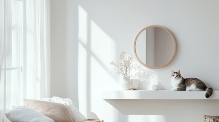 68.A bright, minimalist living room with a white wall featuring a simple floating shelf. The shelf is decorated with a round mirror, a flower vase, and a few small decorative items. A cat curls up