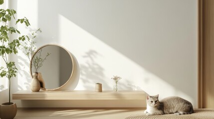 70.A minimalist home interior featuring a white wall with a floating shelf decorated with a round mirror, a flower vase, and a few small plants. A cat peacefully rests on the floor, adding warmth to
