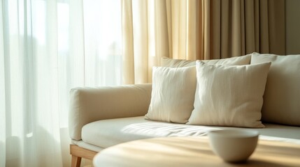 74.A Scandinavian-style minimalist living room featuring a white sofa with plush beige cushions and a light wooden coffee table. Soft curtains gently hang by the window, allowing natural light to