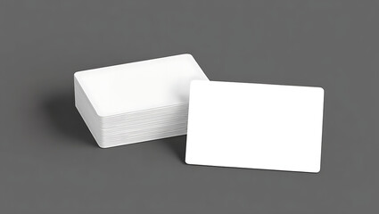 Stack of blank white cards with rounded corners on a gray surface providing a clean presentation